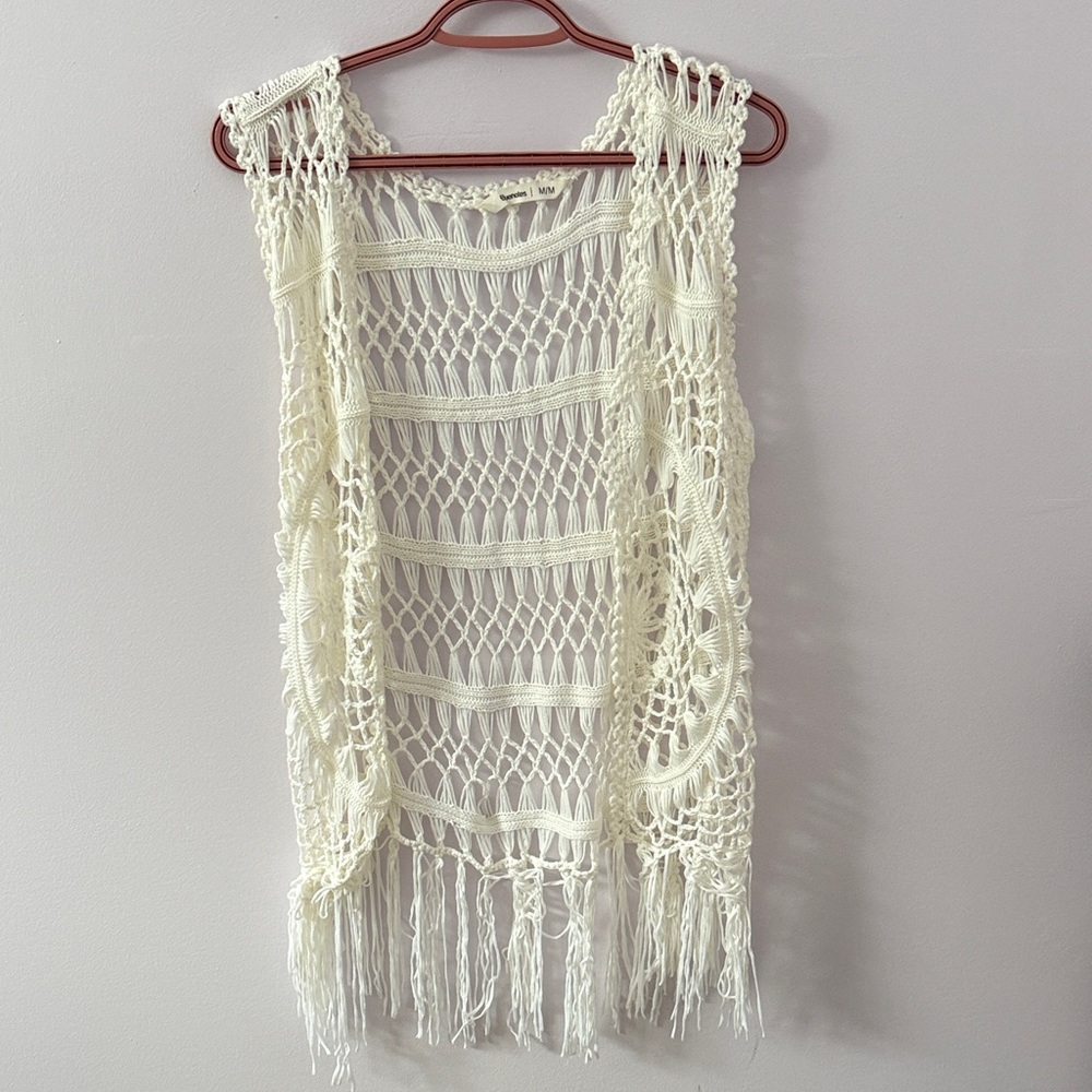 White Crochet Fringe Vest Boho